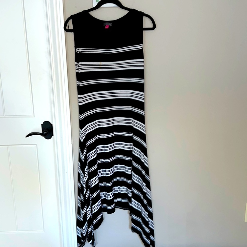 Vince Camuto high Low Black and White Stripped midi Dress